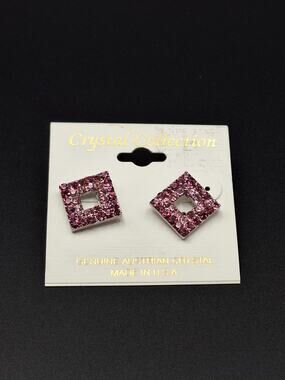 Genuine Austrian Crystal Pink Open Square Geometric Stud Earrings Made in USA